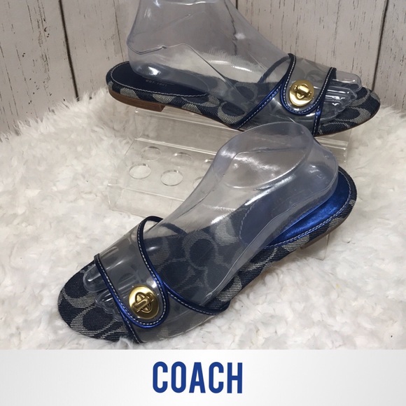 Coach Shoes - COACH Rare Jean Blue & Gold Logo Slip On Sandals